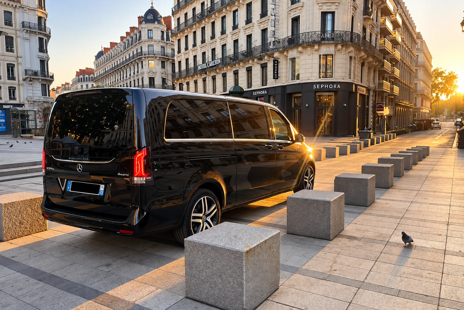 Van Mercedes Classe V noir dans une rue de Lyon avant un trajet longue distance